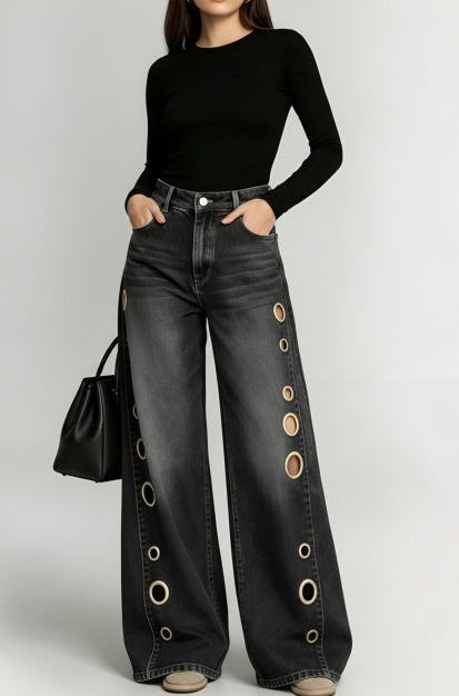 Orbit Link — Black Wide Leg Denim Jeans with Washed