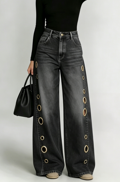 Orbit Link — Black Wide Leg Denim Jeans with Washed