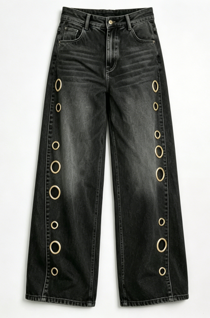 Orbit Link — Black Wide Leg Denim Jeans with Washed