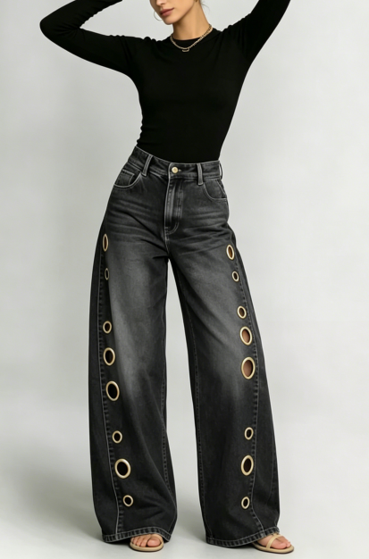 Orbit Link — Black Wide Leg Denim Jeans with Washed
