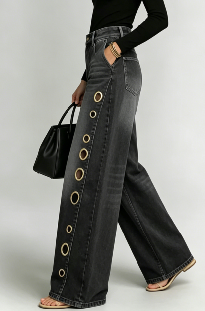 Orbit Link — Black Wide Leg Denim Jeans with Washed