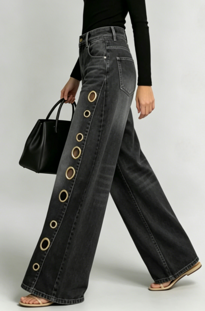 Orbit Link — Black Wide Leg Denim Jeans with Washed